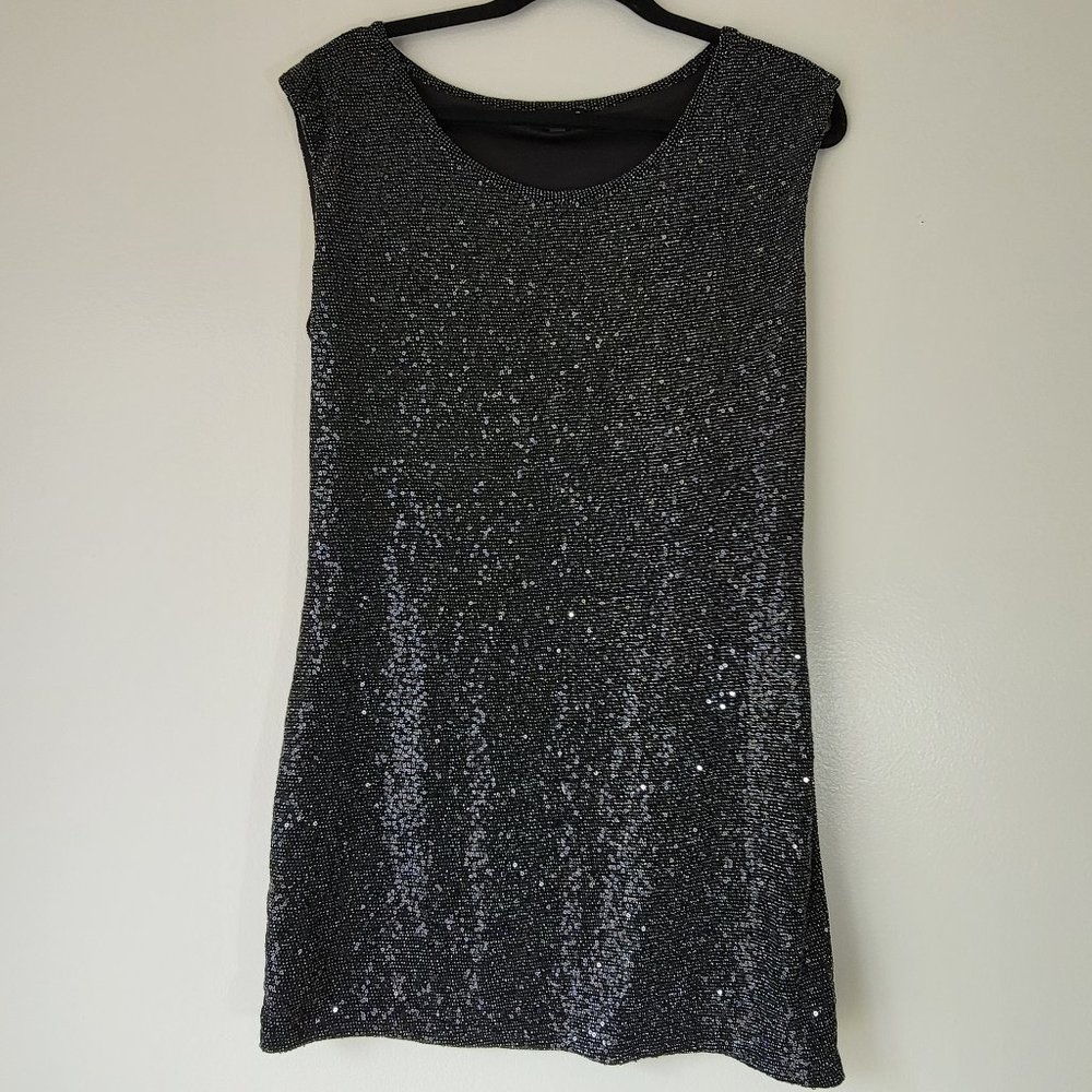 Express, Black Sequin Stretch Shift Mini Dress, Size M